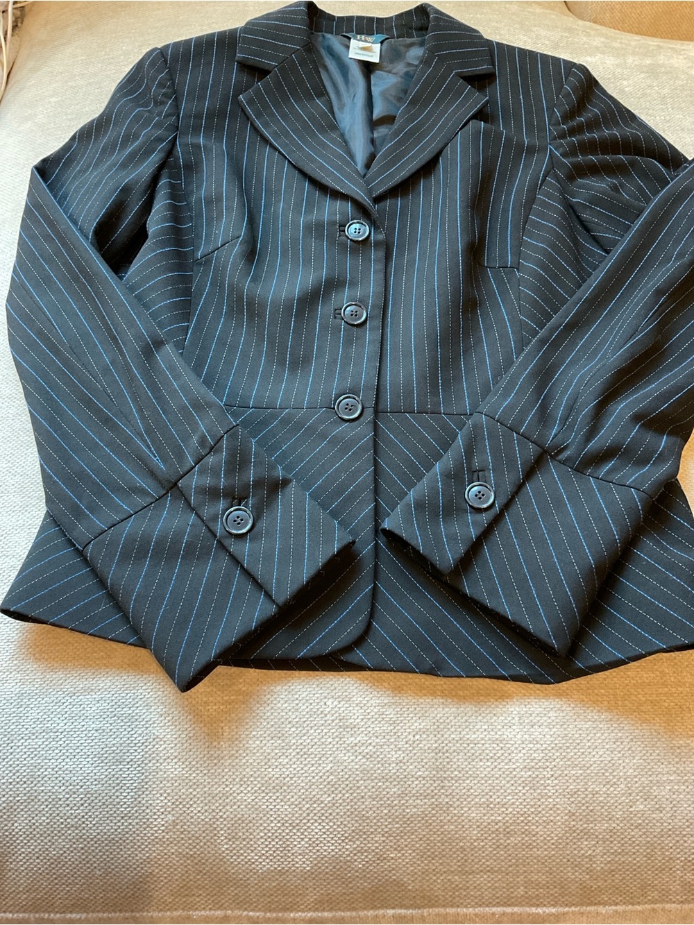 Tailored Black Pinstripe Women’s Blazer with Blue Stripes